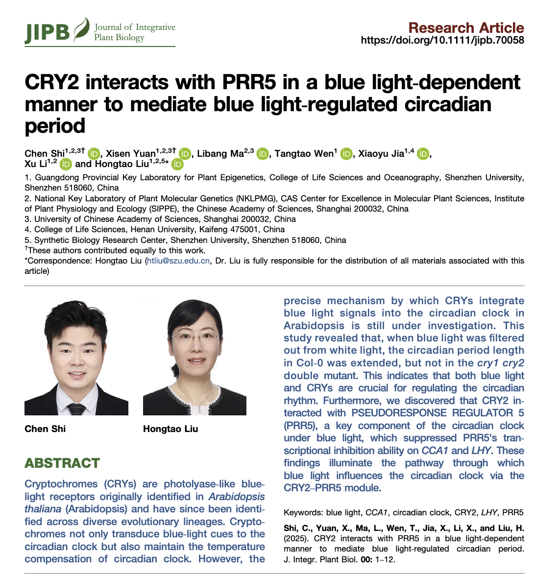 J Integr Plant Biol |蓝光受体CRY2调控植物生物钟的机制